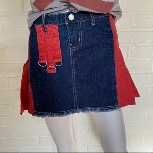 Pleated Red and Blue Denim Skirt